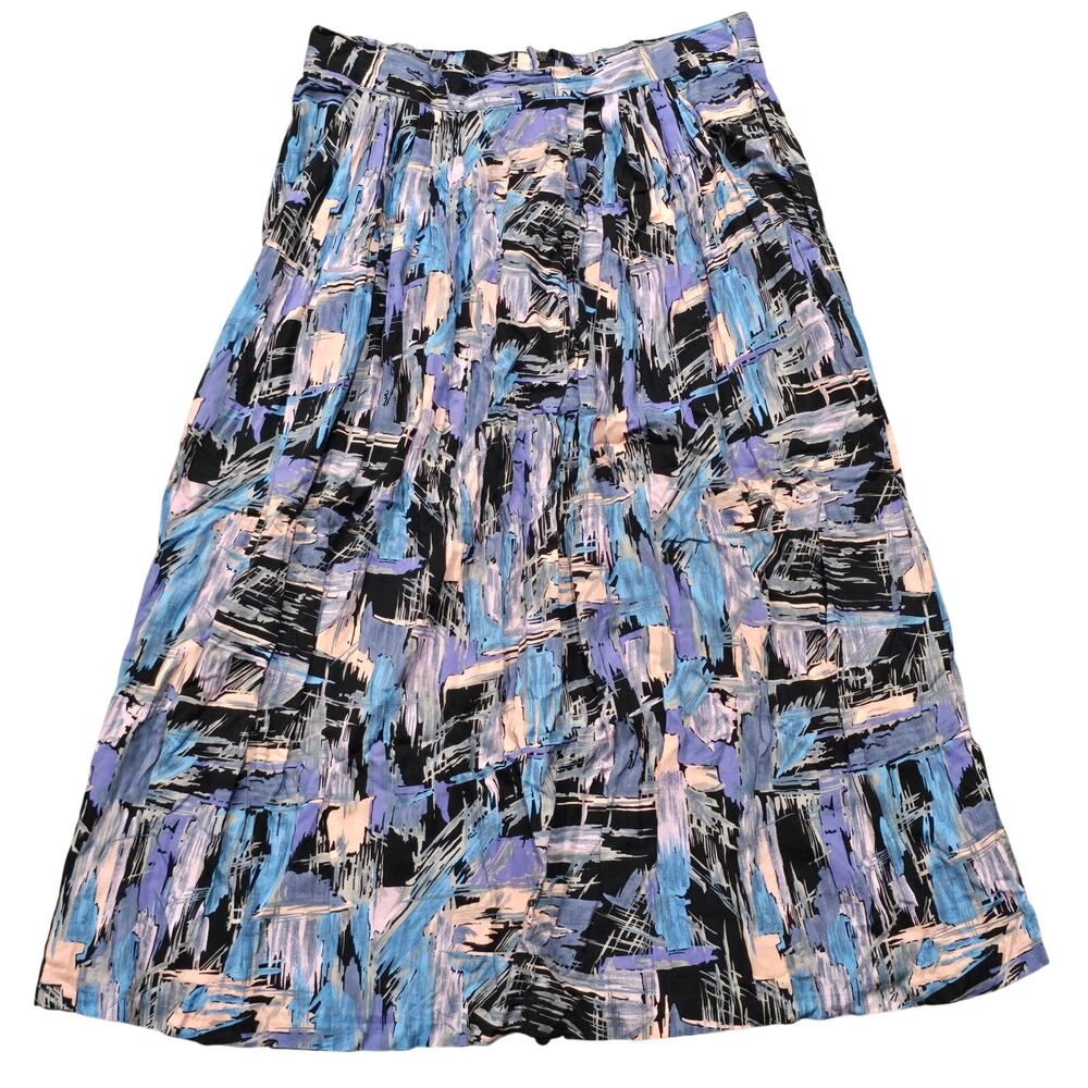 Vintage Maren Abstract Brushstroke Multi Color Abstract Midi Skirt w. Pockets